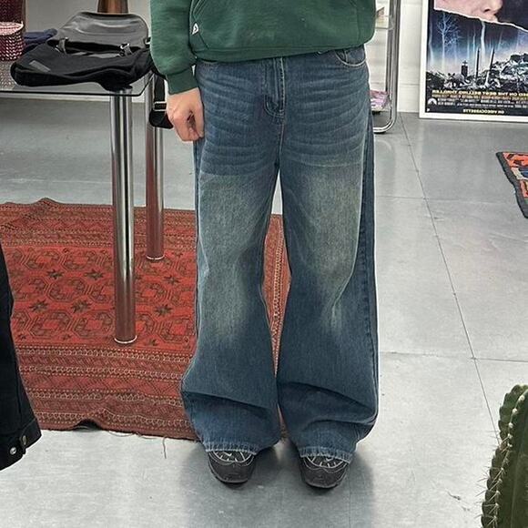 BLUE WIDE LEG BAGGY DENIM WAIST 34 FLAT - Picture 2 of 8